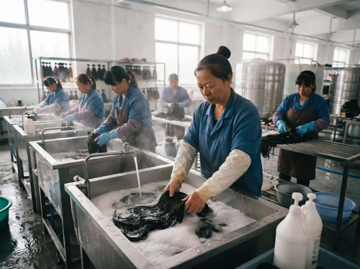 Hair washing and conditioning station in the factory
